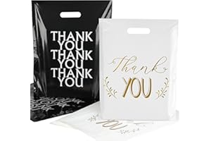 POPGIFTU Lot de 100 Sacs de Transport en Plastique(Blanc+Noir), Sac Thank You Plastique Cadeau 30 x 38cm, Sac Emballage pour la vente au détail, les magasins, les boutique, les étals de marché