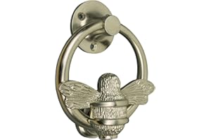 Satin Bee Door Knocker for Front Door | Polished Solid Brass Bee Ring | Satin Knockers with Strike Plate | UPVC | Bumblebee Front Door Furniture with a Unique Design