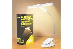 Glocusent Innowacyjne trójgłowicowe światło do czytania książek w łóżku, 3-kolorowe poziomy jasności, 1000mAh ładowane światło książki z 30-min zegarem, 10-100Hrs, przyjazne dla partnerów (biały)