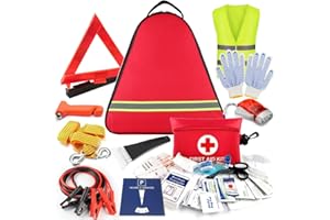 VITALKIT Kit de Sécurité Auto - Trousse de Premiers Secours, Triangle de Signalisation, Gilet Jaune, Gants, Sangle de Traction, Brise-Glace, Lampe Dynamo Câbles de Batterie Disque de Stationnement Gratte-Givre