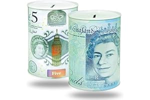 BSTOCKES 5 Pound Notes Design Money Tin Cash Box, Money Saving Money Box for Kids - Printed Bank Note Multicolour Cash Box for Birthday, Holiday & Christmas Fund, Cash Tin Piggy Bank Charity UK (Small 10x15cm)