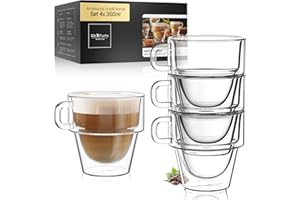 ElbFuchs® Vasos Latte Macchiato Doble Pared [4x350 ml] | Apilables para Ahorrar Espacio | Aislamiento Térmico Óptimo | Ideales para Cappuccino y Té | Diseño Elegante