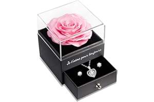 Sunia Rose Eternelle avec Argent 925 Collier Coeur Boucles d'oreilles, Roses Préservé avec Bijoux, Cadeau Anniversaire Femme, Rose Stabilisée Rouge, Amour Cadeau, Fete des Meres, Noël, Saint-Valentin