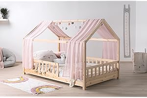 TiCAA Kinderbett Hausbett mit Tüll Kim 90x200 cm, 100x200 cm, 120x200 cm, 140x200 für Jungen & Mädchen, inkl. Rolllattenrost, Rausfallschutz variabel, Montessori Bett Natur aus Kiefer Massivholz