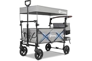 Sekey Kids Folding Handcart Wagon with Removable Canopy, Versatile Foldable Transport Trolley for Family Outings Including Shockproof PU Wheels, 220LBS(100KG) Weight Capacity, Push Handle, Grey