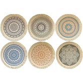 Set of 6 Woven Placemats Washable Round 33 cm Boho Cotton Placemats Coasters Heat Resistant and Non-Slip for Kitchen Party Wedding A 33 cm