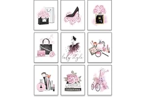 OUTUS 9 Pièces Arts Murals Modernes Femmes Affiches Murales Chambre Roses Décorations Murales de Parfum Sacs à Main Talons Hauts Fille pour Décorations de Salon Chambre de Maison, Sans Cadre