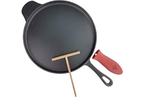 LA CUISINE FOR LIFE La Cuisine 63080 padella per crêpe pizza in ghisa, 30 cm, rivestimento in smalto nero opaco, spatola in legno e supporto in silicone incluso.