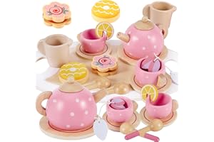 AOLEVA Set da Tè in Legno, Set Accessori Cucina Bambini Giochi Legno Cucina Giocattoli Servizio Tè Giochi di Ruolo Regalo per Bambina 3 4 5 Anni