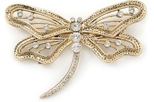 Avalaya Large Crystal 'Dragonfly' Brooch in Gold Tone - 75mm Width