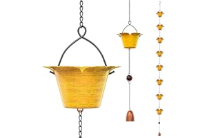 KHayRovies 7.74ft Rain Chains for Outside, 8 Bell Cups Copper Rain Gutter Chains, Metal Rain Catcher Chain for Eaves Drainage, Garden Rainwater Diverter Replacement Downspout (Yellow)