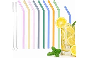 PEAKTOP Lot de 8 Pailles en Verre, Pailles Multicoloré Transparente, Pailles Réutilisables avec 2 Brosses, Pailles Saines Bon pour L'environnement, Pailles Courbées pour Smoothies, L’eau, Boissons
