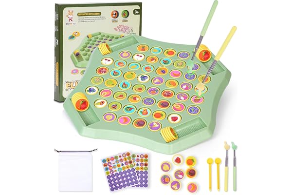 2 N FASHION Flipping Chess Match Game Montessori Memory Matching Board Game for Kids Educational Animal & Fruit Theme Puzzle with Chips & Sticks Parent-Child Interactive (Multi Color)