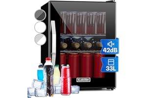 Klarstein Getränkekühlschrank, Kühlschrank Klein mit 2 Ablagen, Minikühlschrank Lautlos für Büro Camping Outdoor, Mini-Kühlschrank mit Glastür, Mini Fridge 0-10°C, Bierkühlschrank 33L, Schwarz