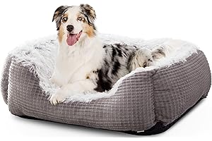 FURTIME Washable Dog Bed Large - Long Plush Dog Bed Ultra Soft Puppy Bed Flannel Calming Dog Bed for Anxiety Dogs - Machine Washable | Grey