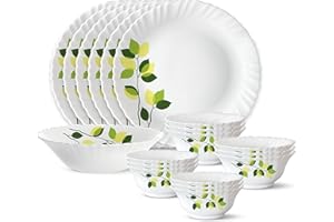 Larah by Borosil Green Leaves Silk Series Opalware Dinner Set | 19 Pieces for Family of 6 | Microwave & Dishwasher Safe | Bon