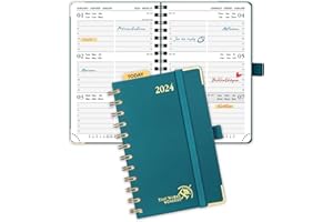 POPRUN Agenda de poche 2024 A6 Semainier 16 x 10,5 cm, Petit Planner 12 Mois De jan 2024 à déc 2024 avec Couverture Rigide Spirale, Poche intérieur, Papier Certifié FSC®100 g/m²- Vert Pacifique