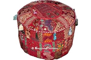 BHAGYODAY FASHIONS Indian Round Patch Work Embroidered Ottoman Pouf, Indian Round Ottoman Stool Pouf Pillow Patterned Cocktail Vintage Hassock Pouffe, Cotton Handmade Ottoman Pouf, 18x13 Inch. By Bhagyoday