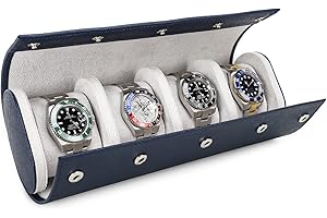 Hiram Watch Roll Case 4 Watches Storage Travel Case Genuine Saffiano Leather Travel Watch Organizer Storage Box (Blue)