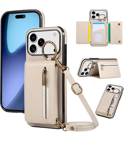 OCASE voor iPhone 17 hoesje met band, portemonnee mobiele telefoonhoesje RFID-blokkering PU-leer, kaartsleuven en polsband mobiele telefoonketting Compatibel met iPhone 17 donkergroen 6,3