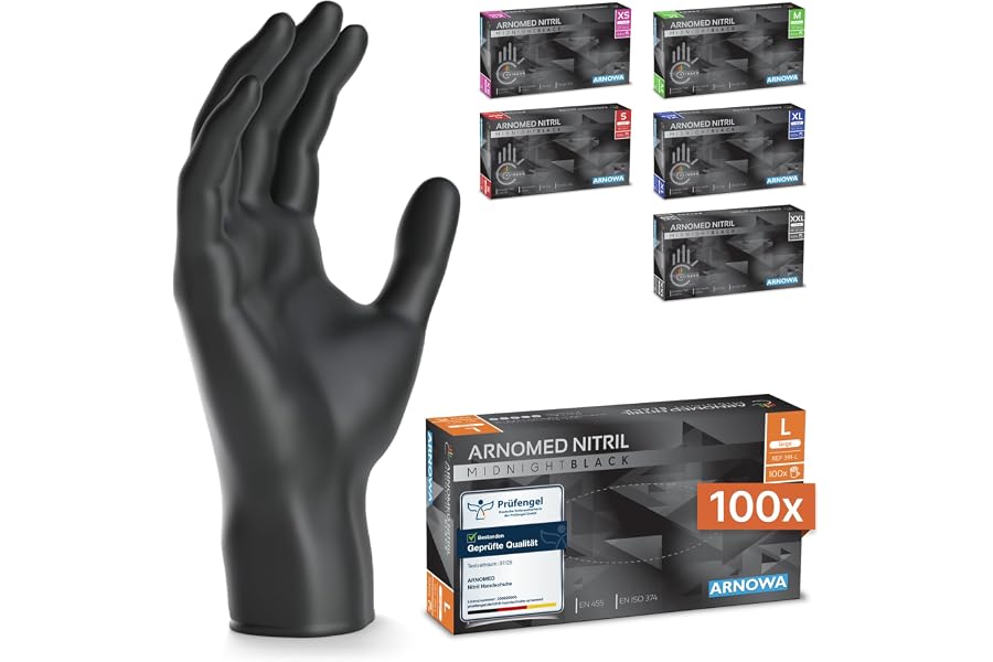 100x ARNOMED® Einweghandschuhe Schwarz, Nitril Handschuhe L | Einmalhandschuhe, Nitrilhandschuhe puderfrei, Gummihandschuhe, 