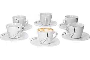 VAN WELL 6 tazzine da caffè da 20 cl, con piattino di 14,5 cm, colore argento notte