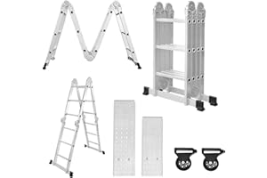 XMTECH Escalera plegable de 340 cm con plataforma de aluminio, escalera multifunción 6 en 1, escalera de pie de aluminio, 4 x 3 peldaños, color plateado