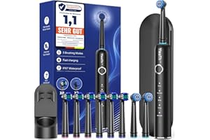 YTEATH PRO Brosse À Dent Électrique Rotatives pour Adultes - Brosses À Dents Rotatives avec 8 Têtes de Brosse, Brosse A Dent Electrique de Voyage, Noir Mat, Cepillo de Dientes