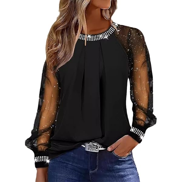 Yekdmxop Top Donna Elegante Con Paillettes Curvy Manica Lunga T Shirt Glitter Oro Cerimonia Blusa Argento Scollo A V Camicia Taglie Forti Brillantini Maglietta Sera Strass Tops Capodanno Maglia - 13