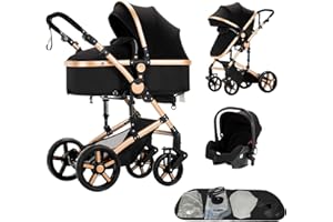 Aveainelle Kombi Kinderwagen 3 in 1, Babywanne, Reisesysteme und Autositz, Für Neugeborene Kinder von 0-36 Monaten, Maximale Tragkraft 25 kg (Schwarz-Gold)