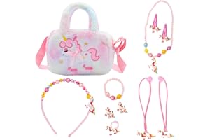 Lithyc 11er Set Kinder Schmuck - Einhorn Tasche - Handtasche Kinder MäDchen，Kinderschmuck, Halsketten, Handtaschen, MäDchenarmbäNder, Ringe, Haarspangen, Geburtstagsgeschenk für Kleine MäDchen