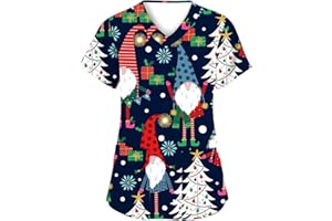 Linkpig Pflege Kasack Damen Weihnachtszwerg Druck Weihnachten Krankenhaus Schlupfhemd Op-Kasack V-Ausschnitt Weihnachtsdruck Weihnachtsshirt Pflegebekleidung Mulit Taschen Schlupf-Kasack Bluse