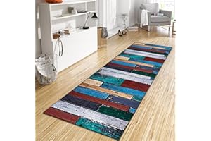 ‎WTHYGB WTHYGB Teppich Läufer Flur Küche 90x350 cm, Modern rutschfest Waschbar Küchenläufer Flurläufer, Lang Polyester Holzmaserung Blau Teppichläufer für Korridor, Schlafzimmer, Innen Wohnzimmer