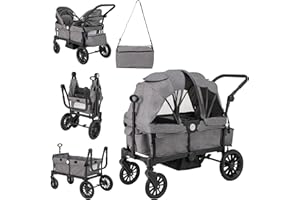 LIFEZEAL Carrello Porta 2 Bambini 6+ Mesi, Carretto da Spinto, Tirato, Passeggino, Carrozzina, per Viaggio, Pieghevole, Regolabile, Portatile, con Tettuccio, Ruote, Borsa Pannolini, Max 50kg (grigio)