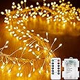 Cluster Fairy Lights with Remote Timer,KINGCOO 3M 100LED Silver Wire Firecracker Garland String Lights Battery Operated 8Mode for Outdoor Indoor Bedroom Wedding Christmas Party Decoration (Warm White)