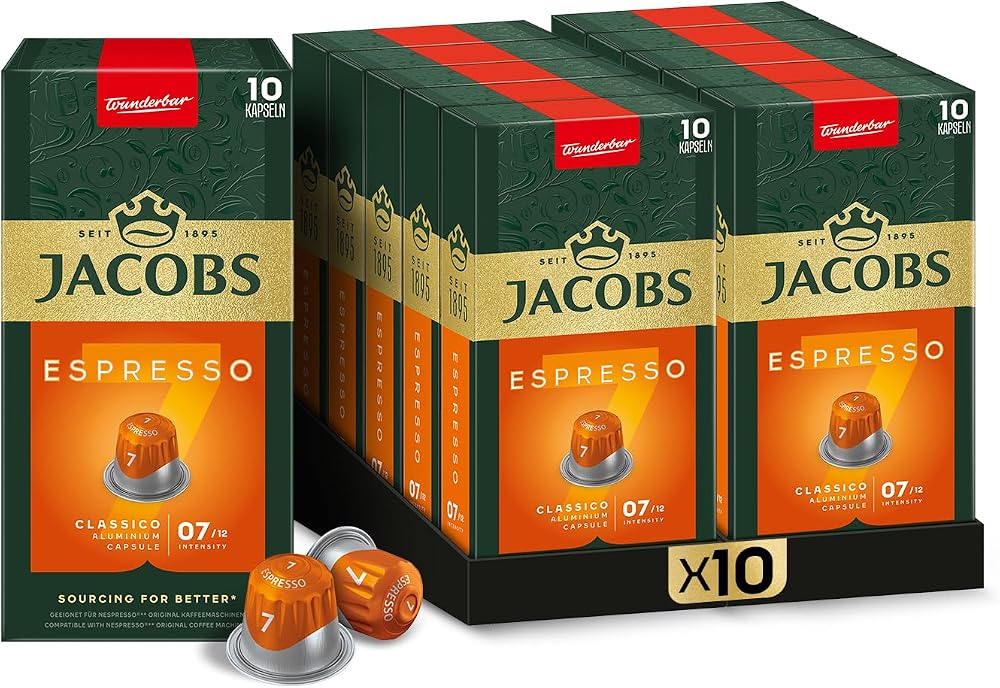 JACOBS - Espresso 7 Classico - Orta Yoğunluk - Dengeli ve Meyvemsi - Espresso Kapsülleri - 10 alüminyum kapsül x 10 Adet
