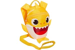 PINKFONG Rucksack für Jungen und Mädchen, Hai-Rucksack mit Zügeln, abnehmbares Sicherheitsgeschirr, Kindergartentasche mit 3D-Haifischflossen, gelb, Einheitsgröße, Rucksack