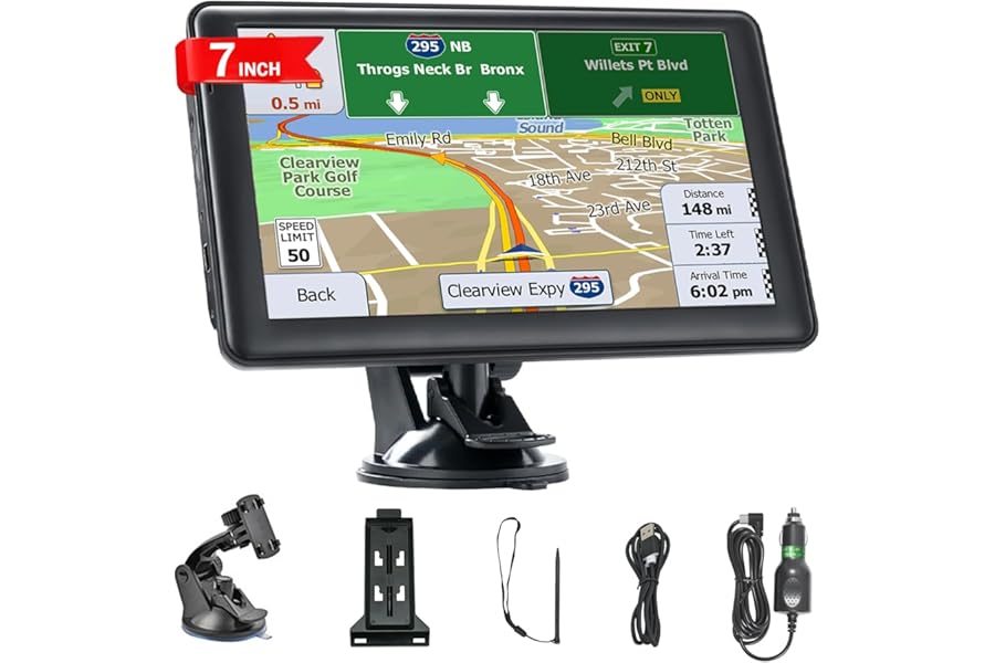 7 Inch Sat Navs for Cars, Truck, 7in HD GPS Navigation with UK Europe Maps, Lifetime Free Updates, Satnav support Postcode Search, Voice Guidance, Speed Camera Alert, Lane Guidance Assist, POI