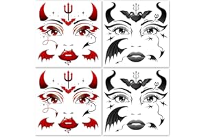 HOWAF 4 Feuilles Diable Tatouage Halloween pour Visage, Tatouage Temporaire Carnaval Autocollant Visage pour D¨¦guisement Diable, Deguisement Halloween Costume