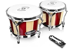 Pyle Bongo Drums, Bongos for Adults & Kids, 2 Hand Drums for Adults, 19.05cm & 16.51cm Tunable Handmade Wooden Instrument, Lightweight & Compact Tabletop Design, Includes Tuning Wrench