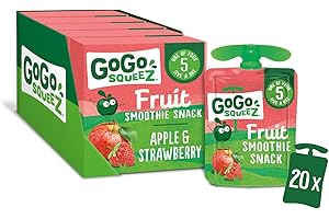 GoGo squeeZ Apple Strawberry Fruit Smoothie Snack,100% Real Fruit Blend, 20 x 90g Pouches, Snack for Kids & Adults, Gluten-Free, Vegan, No Added Sugar, School Lunchbox Friendly, On-the-Go Snacking