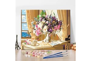 TISHIRON Flowers Paint by Numbers, Seaside Scenery Paint by Number for Adults Beginner, Window Flower Painting by Number On Canvas DIY Adult Paint by Number Oil Painting Arts for Home Wall Decor 16"x20"