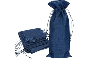 FLYOGA 10 Bolsas Yute para Botellas de Vino, 35cm X 15cm Hessian Wine Carriers con Cordón, Bolsas de Regalo para Vino Envoltura de Botella para Cata de Vinos Fiesta Boda, Azul Marino