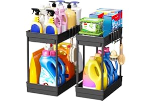 ARSTPEOE Unter Waschbecken Regal - Küchen Organizer - 2 Etagen Schrank Organizer mit 8 Haken, Spülbecken Organizer für Küche, Badezimmer Organizer, Schwarz, 2 Packungen