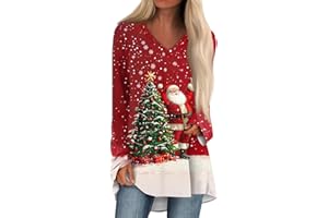 SCBFDI Weihnachtspullover Frauen, Tshirt Weihnachten Damen T Shirts Geburtstag Lustige Overzised Blusentops Weihnachts Longsleeve V Ausschnitt Bluse Schneeflocke, Frauen