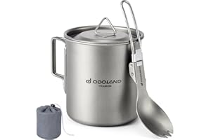 Odoland Pot en Titane 420ml Ultraléger Portable Tasse à Eau en Titane, Tasse de Camping avec Couvercle et Spork pour Camping, Randonnée, Voyage et Trekking