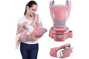 Lohofrnny Porte Bébé, Siège de Hanche Multifonction pour Porte Bebe de 0 à 36 mois, Porte-bébé ergonomique avec Siège de Hanche/Pur coton, Toutes Saisons, Charge Maximale 25 kg (Rose)