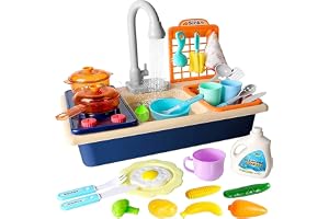 Beauenty Kitchen Sink Toys Water Playset Cooking Stove Play with Running Water House Wash Up Kitchen Sets with Realistic Play Dishes Accessories for Girls Boys Kids 3-7 Years Old (Blue)