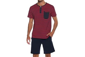 Leversic Schlafanzug Herren Kurz aus Baumwolle mit Kontraststreifen Design, Sommer Pyjama Set Oberteile und Kurze Hosen, Vater und Partner