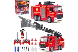 HILKKET 2 Feuerwehrauto Ferngesteuert mit Lichtern, Geräuschen, Leiter und Wasserspritze, Feuerwehrauto Set mit 2 Feuerwehrmännern, 4 Kegeleimern und 1 Feuerlöscher, Feuerwehr Spielzeug Set für Kinder